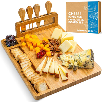 Bamboo Cheese Board and Knife Set - 14x11 Inch Charcuterie Board