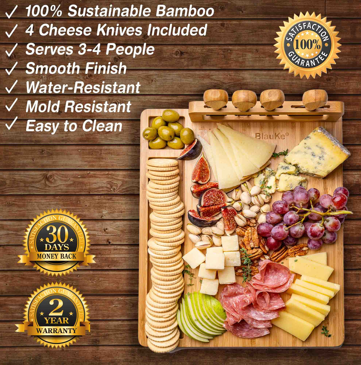 Bamboo Cheese Board and Knife Set - 14x11 Inch Charcuterie Board