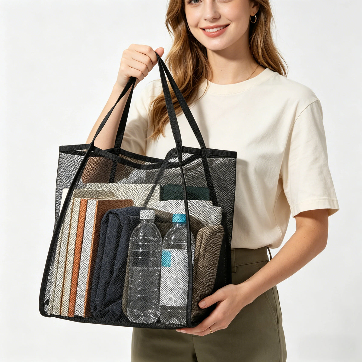 Large Mesh Beach Tote Bag – Sandproof Family Travel &amp; Vacation Shoulder Bag