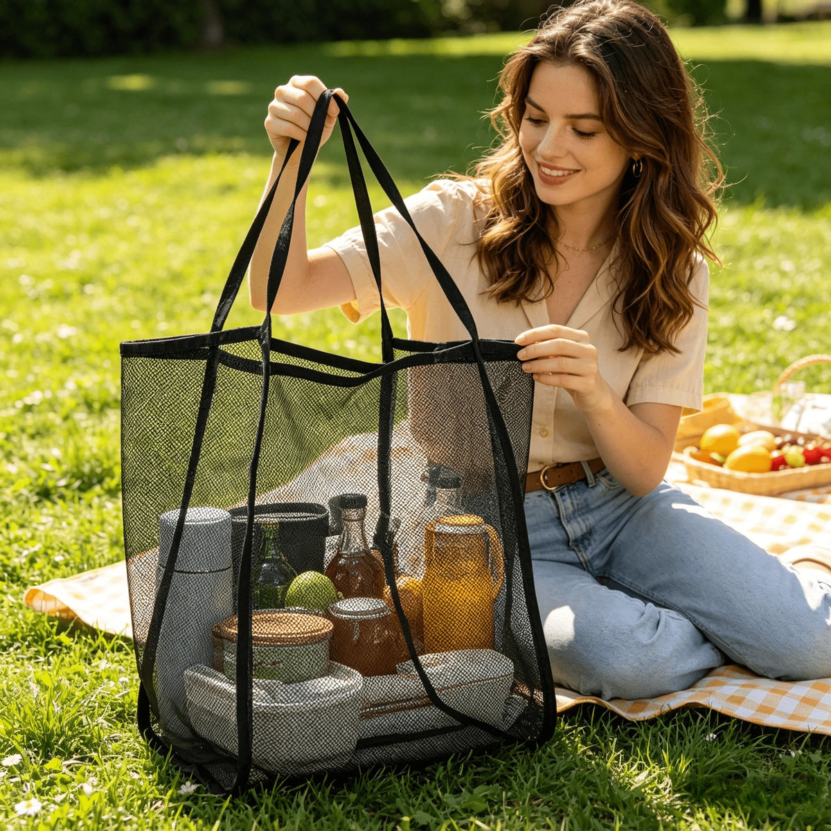 Large Mesh Beach Tote Bag – Sandproof Family Travel &amp; Vacation Shoulder Bag