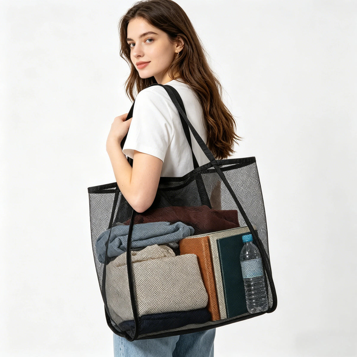Large Mesh Beach Tote Bag – Sandproof Family Travel &amp; Vacation Shoulder Bag